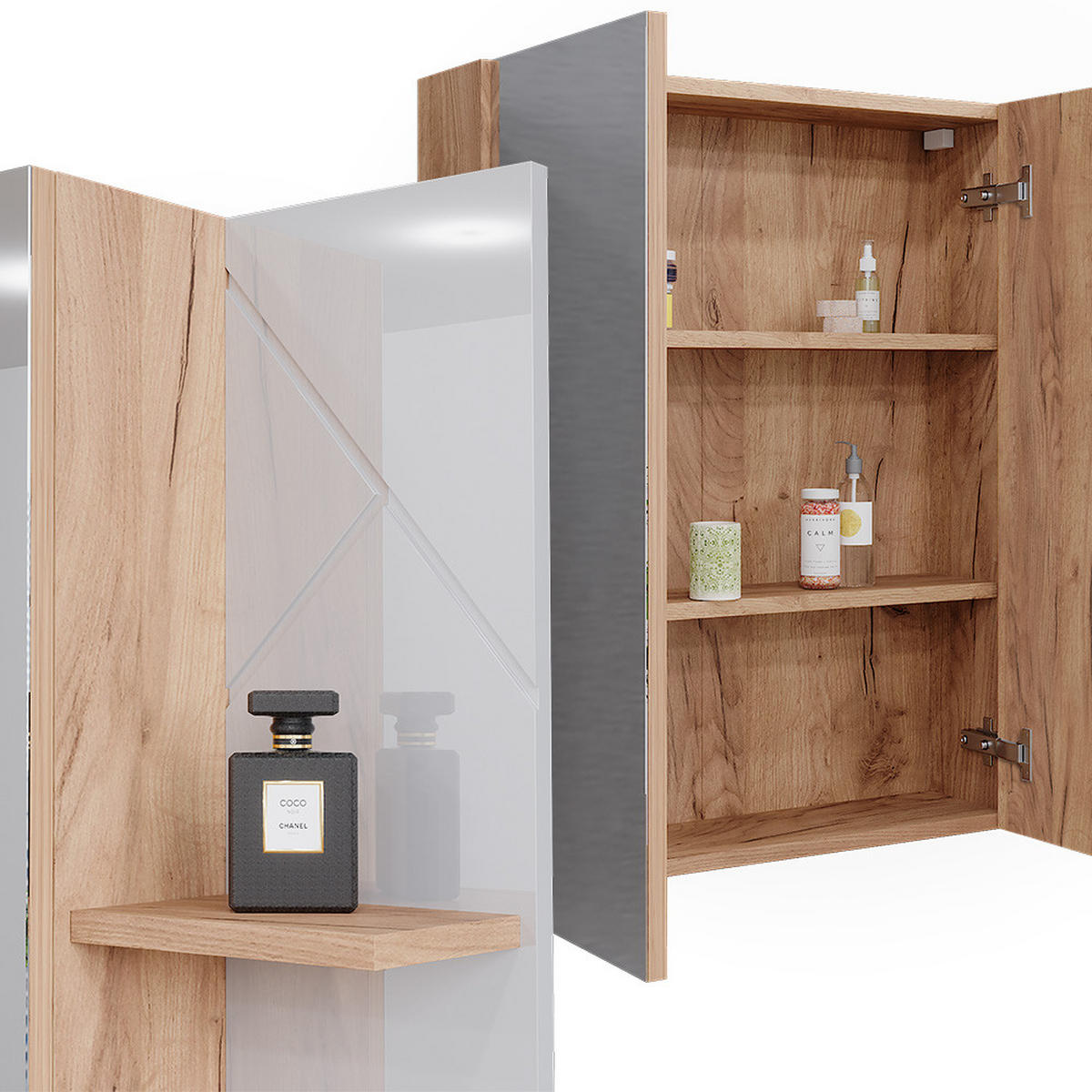 BADSPIEGELSCHRANK Irma Goldkraft Eiche/Weiß Hochglanz 80 x 75 cm - Weiß Hochglanz/Eiche Wotan, Holzwerkstoff (80/75/17.2cm) - Vicco