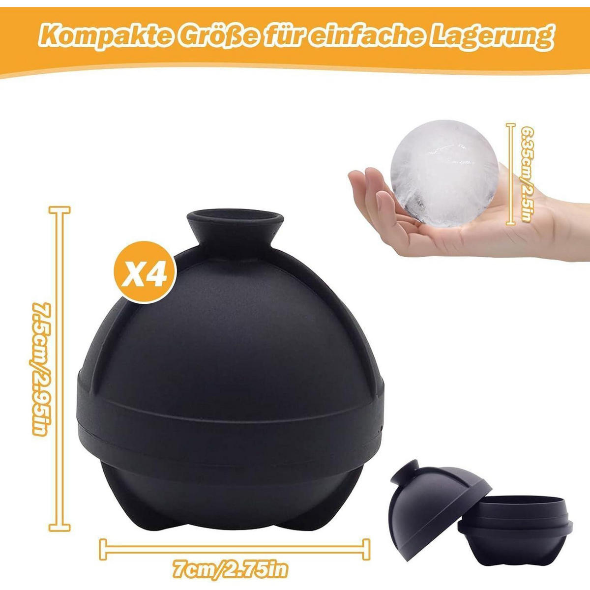 EISWÜRFELFORM Set 4-teilig rund 6 cm - Schwarz, Kunststoff (7/7.5/7cm)
