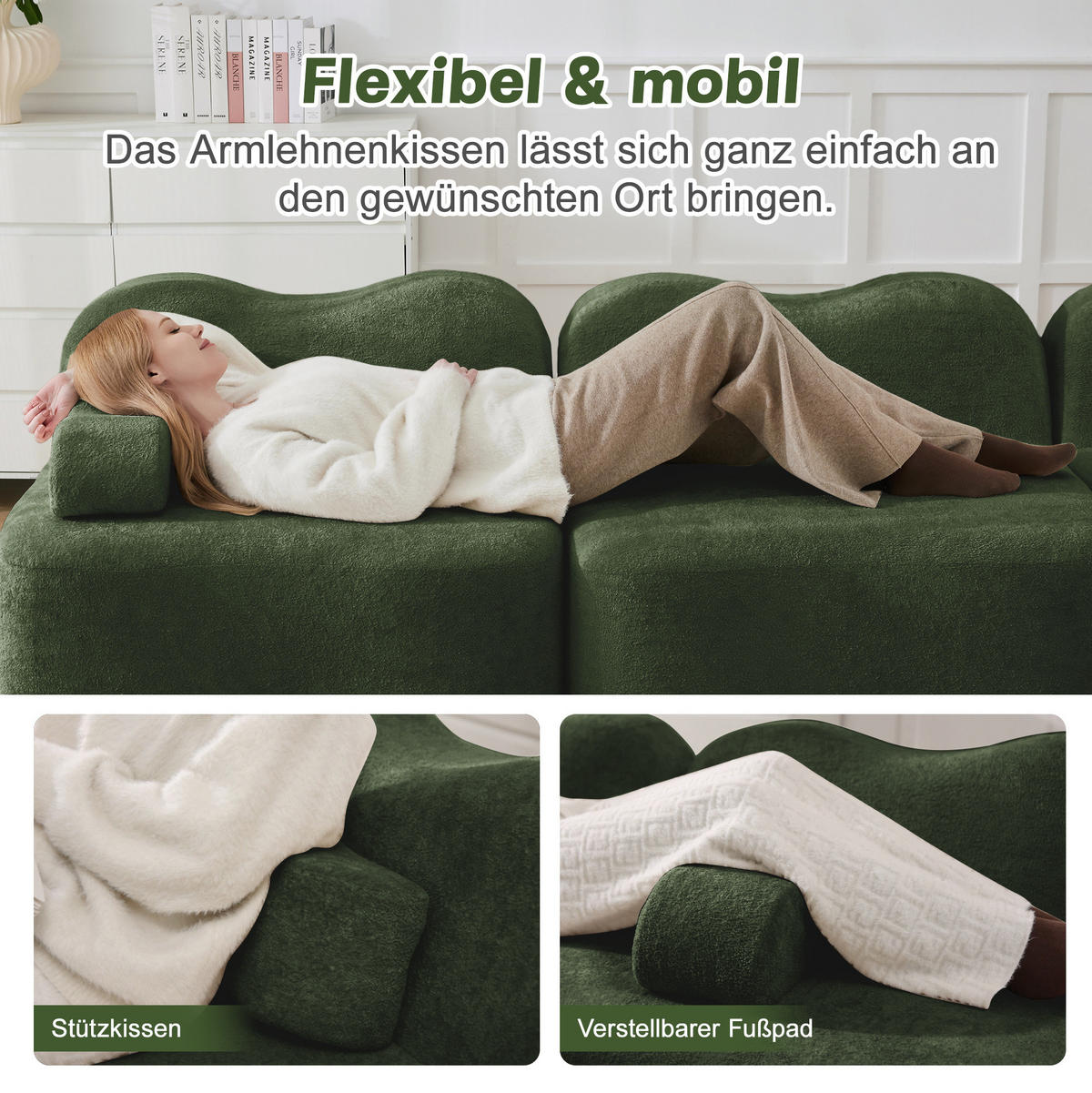 2-SITZER 192/167/70 cm Grün aus Stoff mit 1 Ottoman und beweglichen Armlehnenkissen - Grün, Textil (167/70/192cm) - OKMYHOME