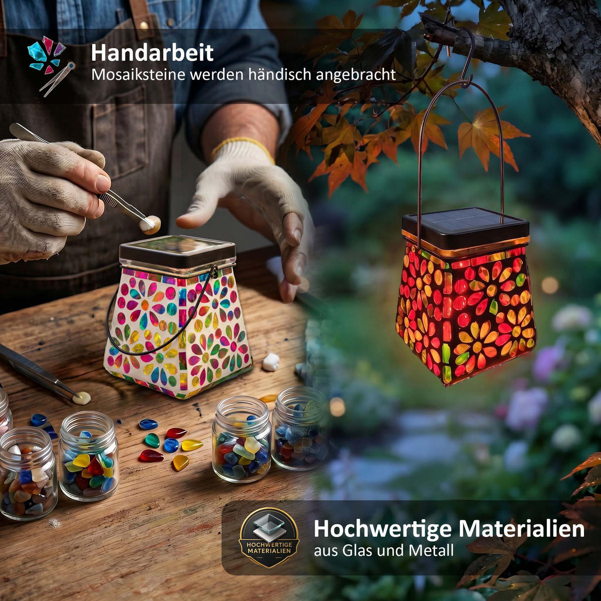 LED-SOLAR-MOSAIK-HÄNGELEUCHTE mit Dämmerungssensor Glas Ø14x43cm - Weiß, Glas (14/14/43cm) - Northpoint