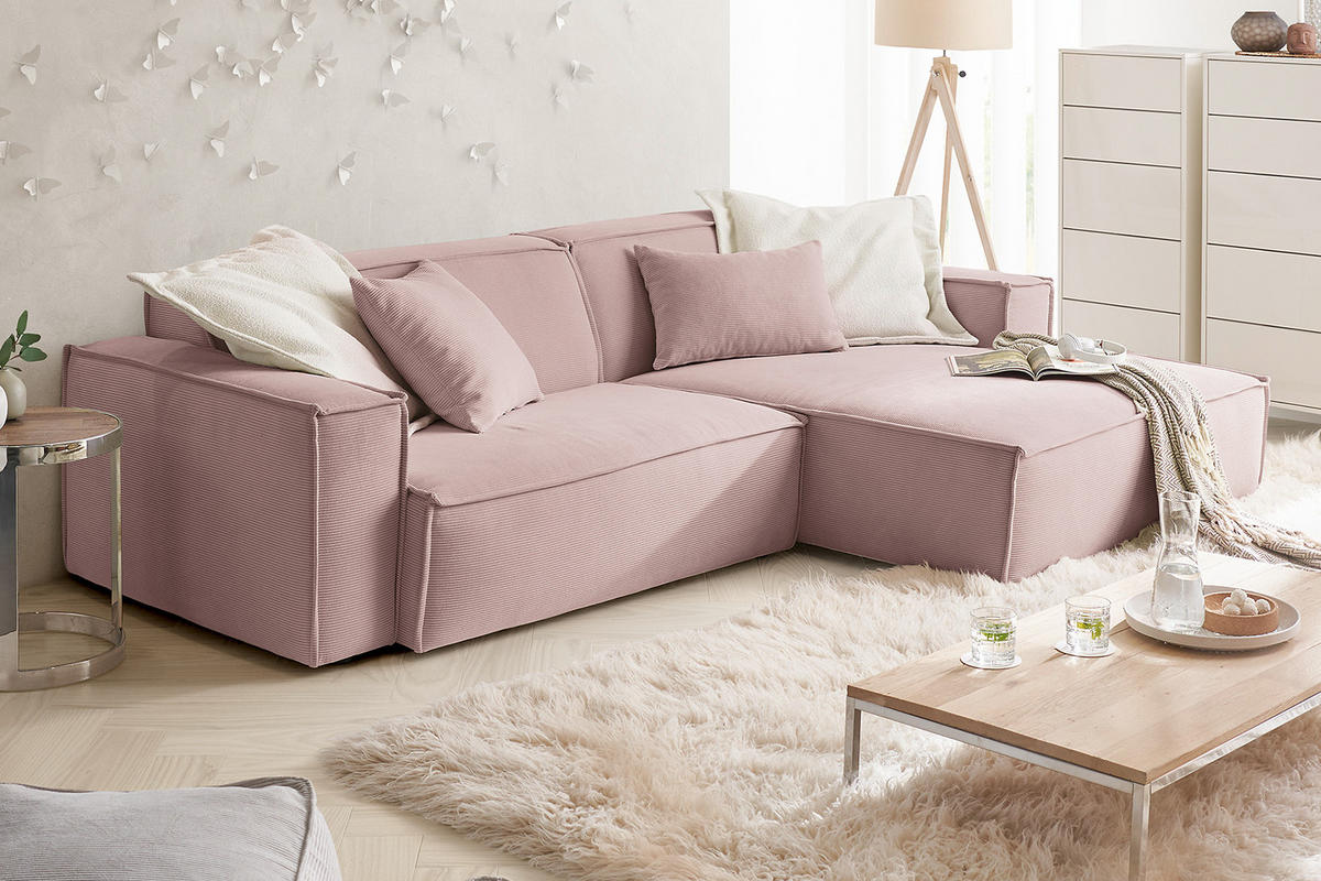ECKSOFA SAMU Pink Cord - Pink/Schwarz, Textil (276/168cm) - KAWOLA