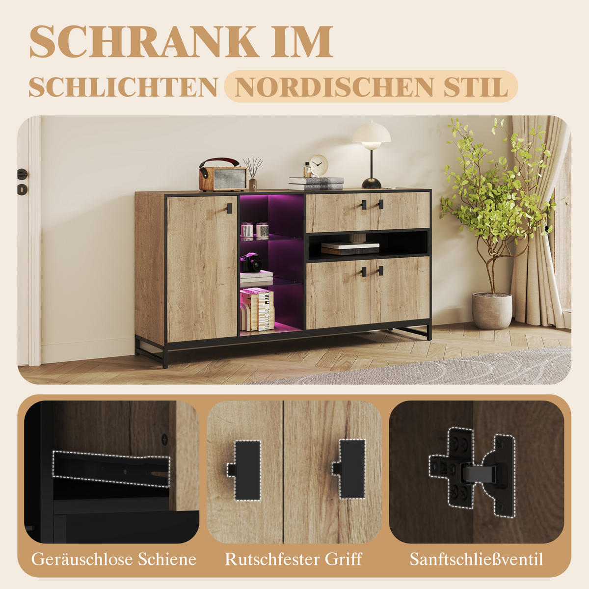 SIDEBOARD 160 cm Naturholz & Schwarz mit Doppeltüren, Glasregal & Metallrahmen im modernen Stil - Naturfarben, Holzwerkstoff (160/84.5/40cm) - Urban Meuble