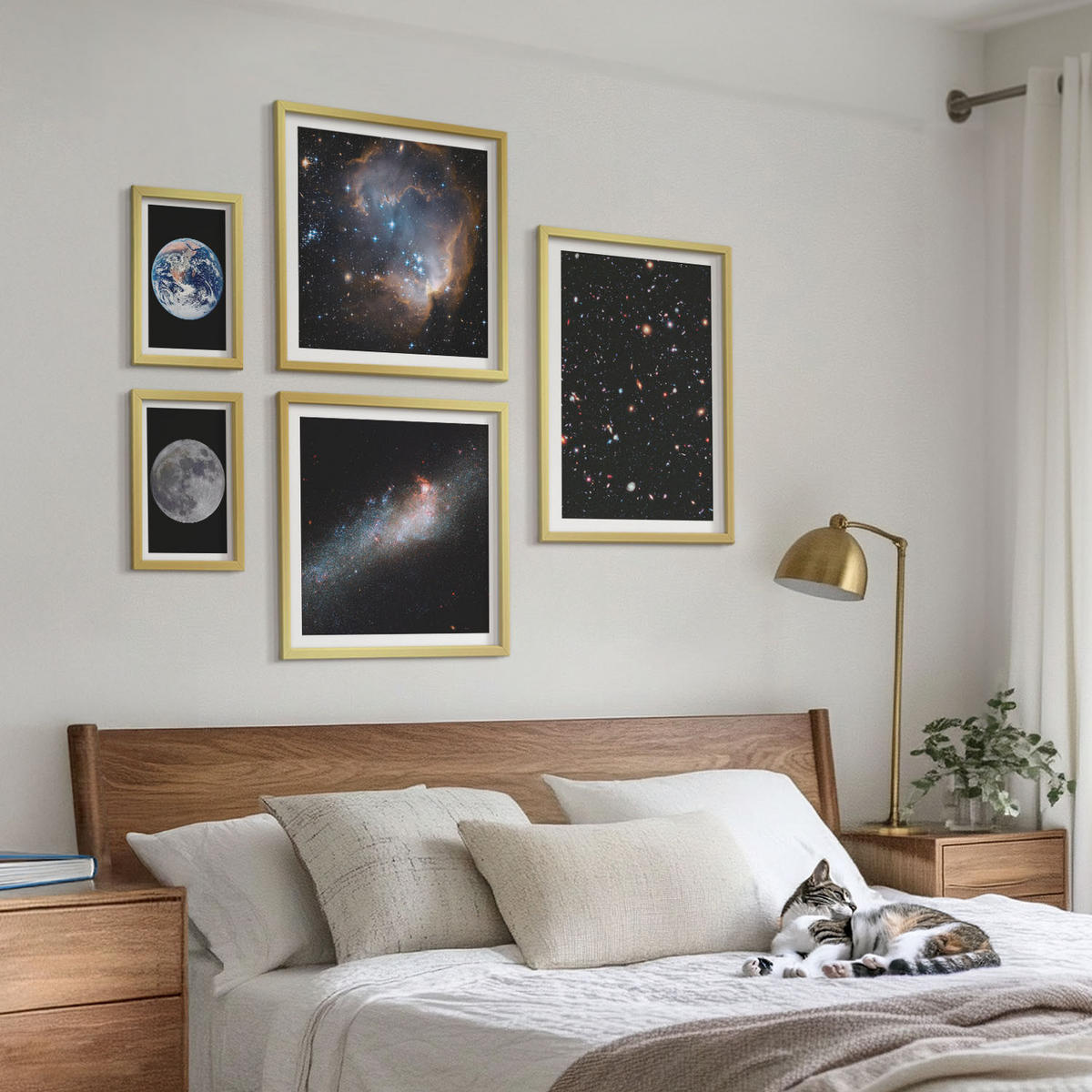 BILDER SET 5er Set - 50x50 cm & 20x30 cm & 40x60 cm Goldrahmen - Galaxie Weltraum Mond - Goldfarben, Kunststoff (40/60cm) - TULUP