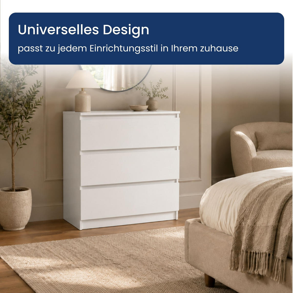 KOMMODE mit drei Schubladen in Weiß - Weiß, Holzwerkstoff (70/77/40cm) - Home Collective