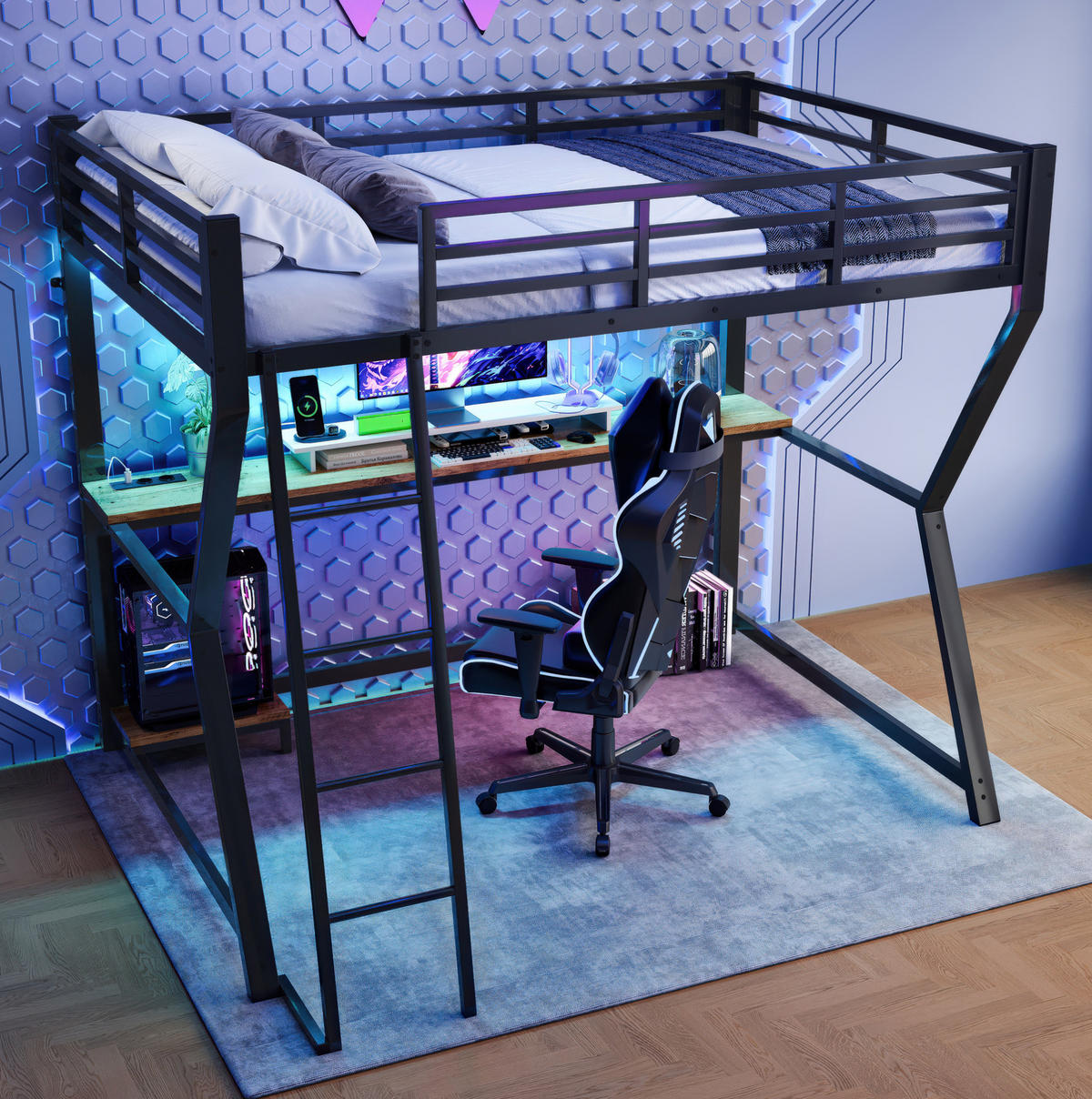 HOCHBETT 90/200 cm mit LED-Beleuchtung, Schreibtisch und USB-Anschluss - Schwarz, Metall (90/200cm) - Flora Grace