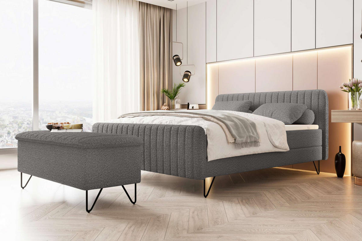 BOXSPRINGBETT LUCIO mit Hocker Bouclé-Stoff Grau 160/200 cm - Schwarz/Grau, Textil/Metall (160/200cm) - 99rooms