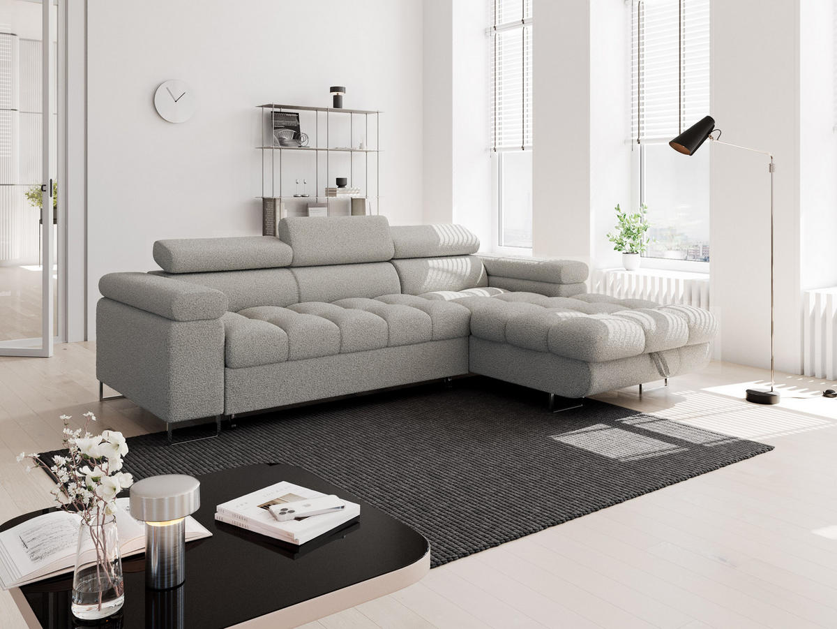 ECKSOFA CLOUD Rechts Dunkelbraun L-Form Bouclé-Stoff mit Schlaffunktion und Bettkasten - Chromfarben/Dunkelbraun, Holz/Metall (175/235cm) - Barchello