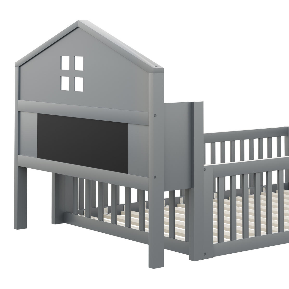 KINDEREINZELBETTEN aus Massivholz 90x200 cm in Grau mit Kreidetafel & Stauraum - Grau, Holzwerkstoff (90/200cm) - Modfu