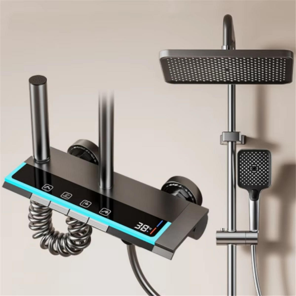 ÜBERKOPFBRAUSESET 4 Funktionen Heiß Kalt Digital - Dunkelgrau, Metall (21/105/30cm) - Kaket