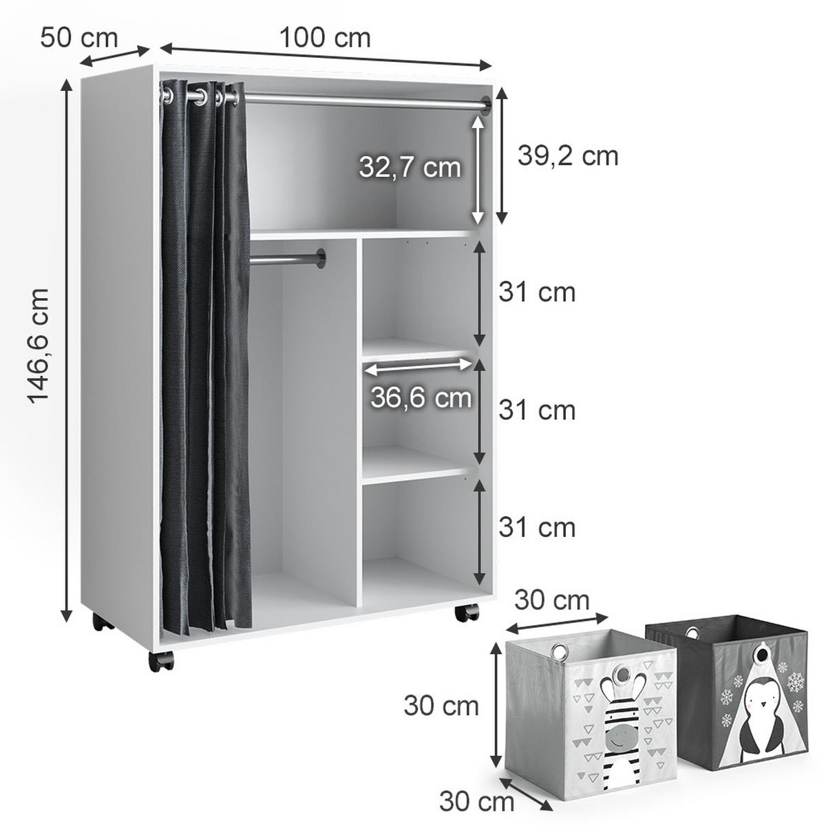 KLEIDERSCHRANK Doros Weiß 100 x 146.6 cm mit Faltboxen - Weiß, Holzwerkstoff (100/146.6/50cm) - Vicco