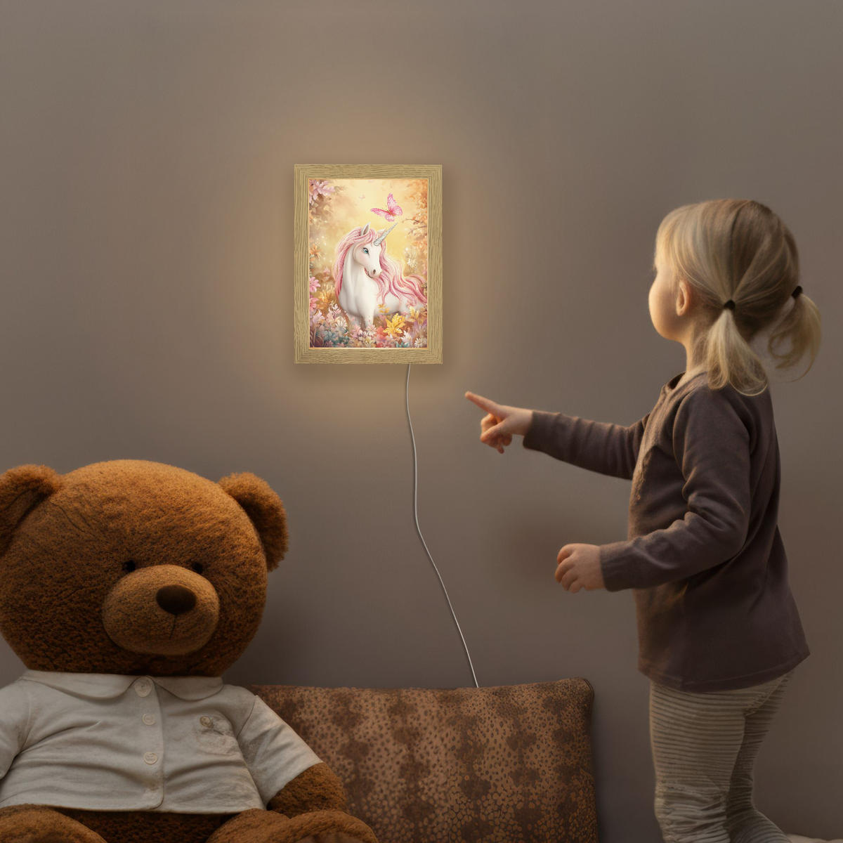 NACHTTISCHLAMPE Einhorn - Blumen - Schmetterling - Rosa 15x20 cm - Beige, Holzwerkstoff (8/15/20cm)