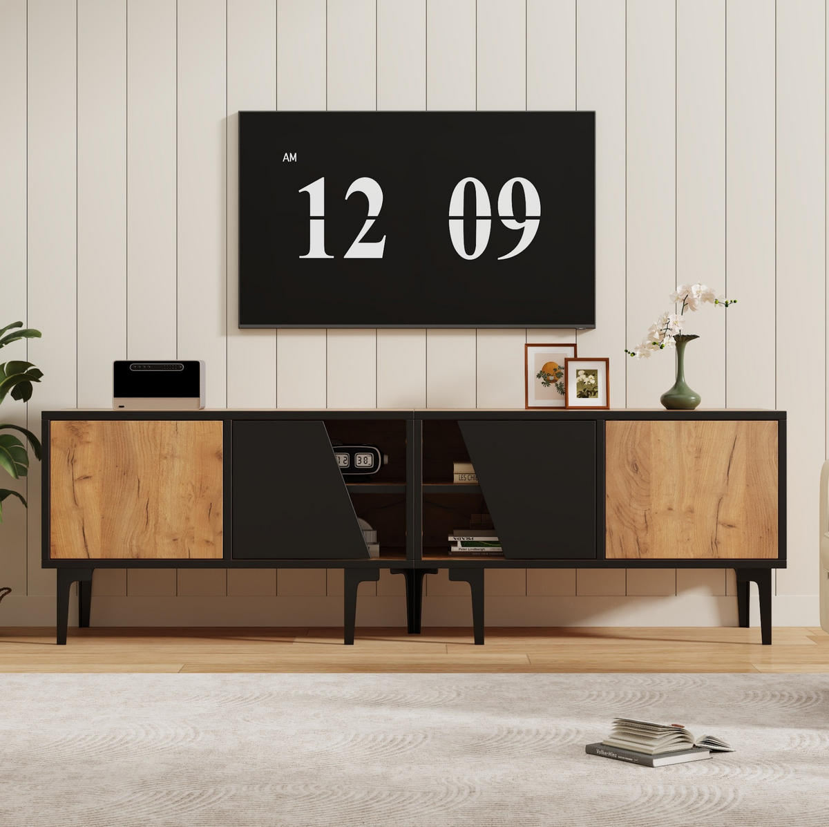 TV ormarić 160/36,5/45 cm s 4 pretinca i 7 potpornih nogu, prirodna boja drva i crna - svijetlo smeđa, drvni materijal (160/45/36.5cm) - Redom