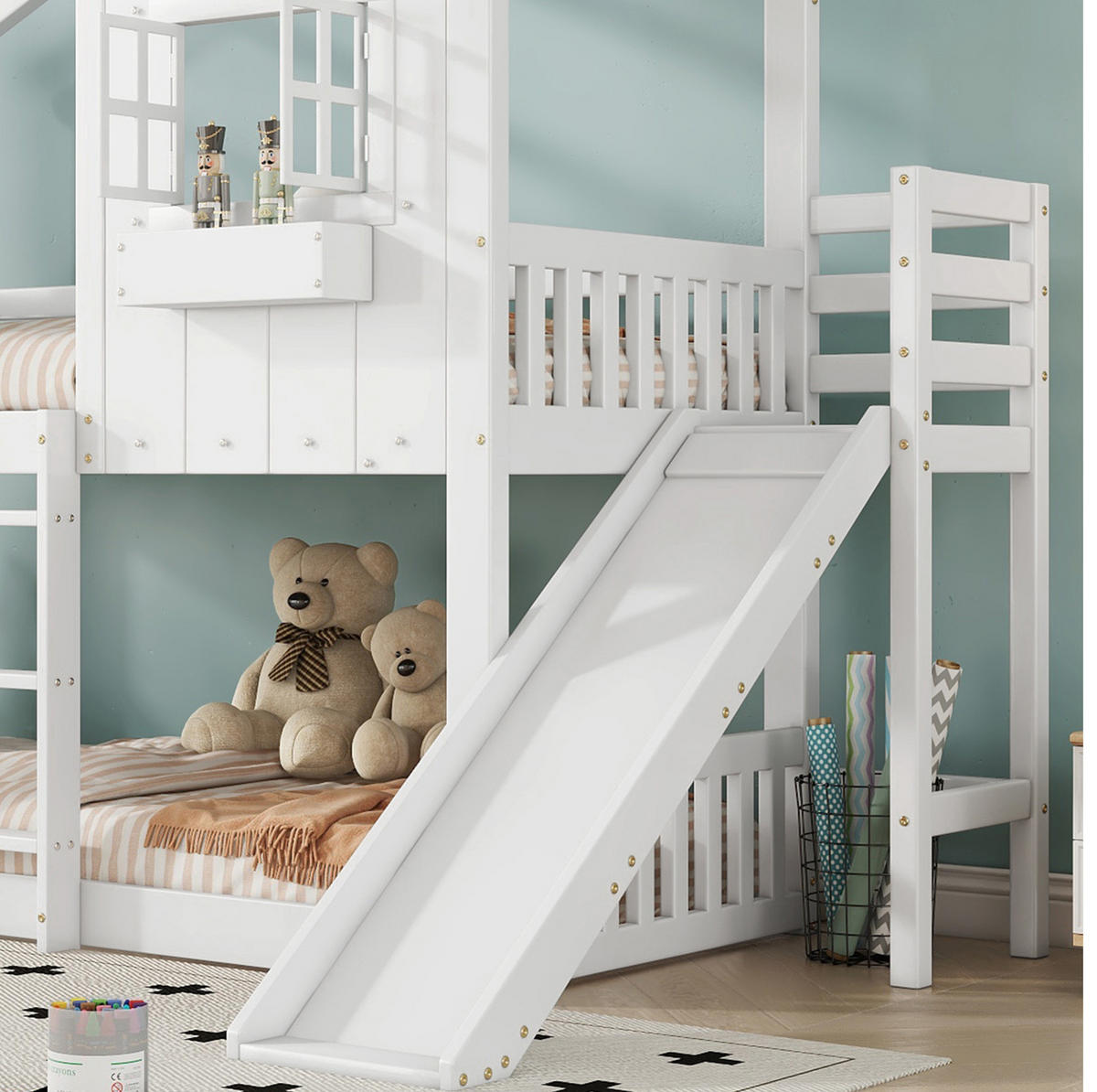HAUSBETT 90/200 cm mit Rutsche und Dach – Weiß/Natur aus Kiefer und MDF - Weiß, Holz (90/200cm) - BEAOK