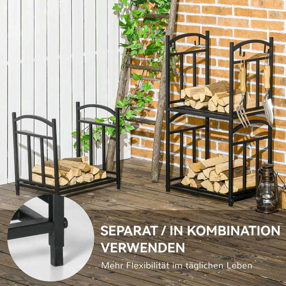 KAMINHOLZREGAL für innen 46 x 32 x 126 cm 3 Ebenen Brennholzregal mit 4 Haken - Schwarz, Metall (32/126/46cm) - Outsunny