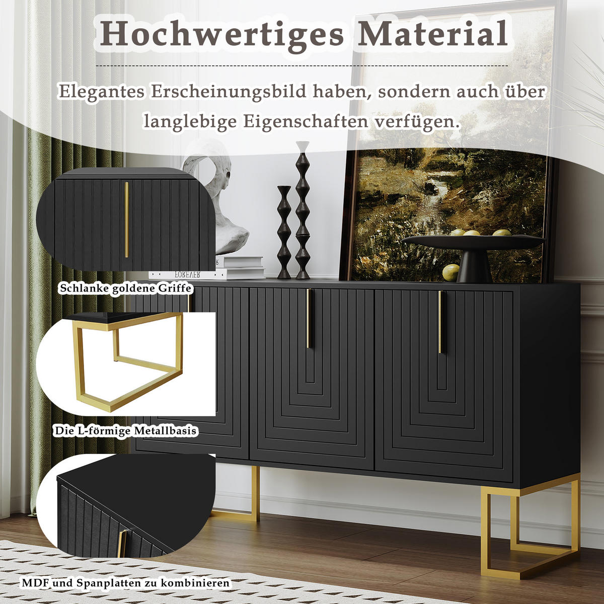 SIDEBOARD in Schwarz Anrichte mit 3 Türen und verstellbaren Regalen für Esszimmer und Küche, B138/T40/H80.5 cm - Goldfarben/Schwarz, Holzwerkstoff/Metall (138/80.5/40cm) - STILVORA