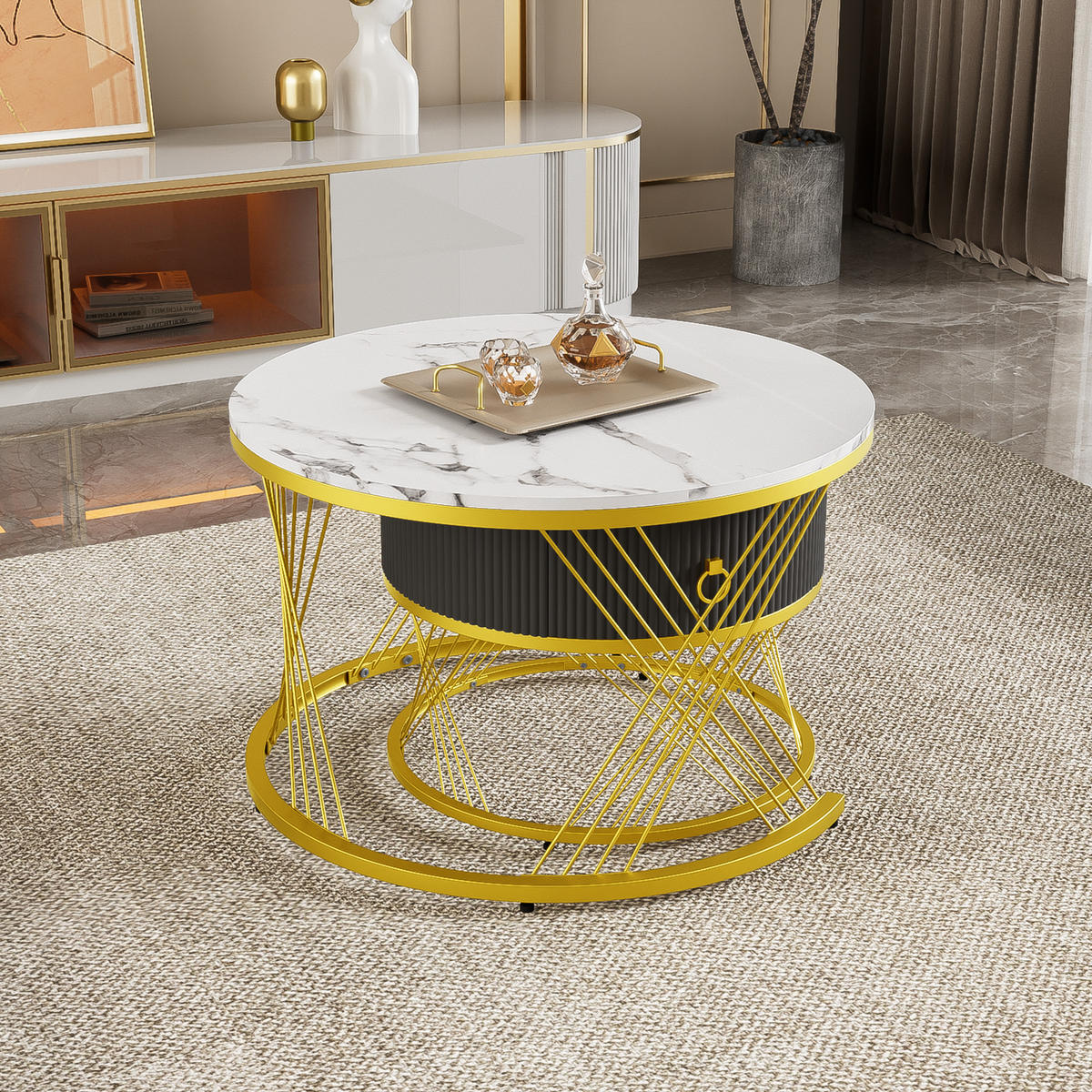 COUCHTISCH Weiß/Gold 2er-Set 70/70/45 cm und 50/50/40 cm - Weiß, Holzwerkstoff (70/70/45cm) - PANGIVO