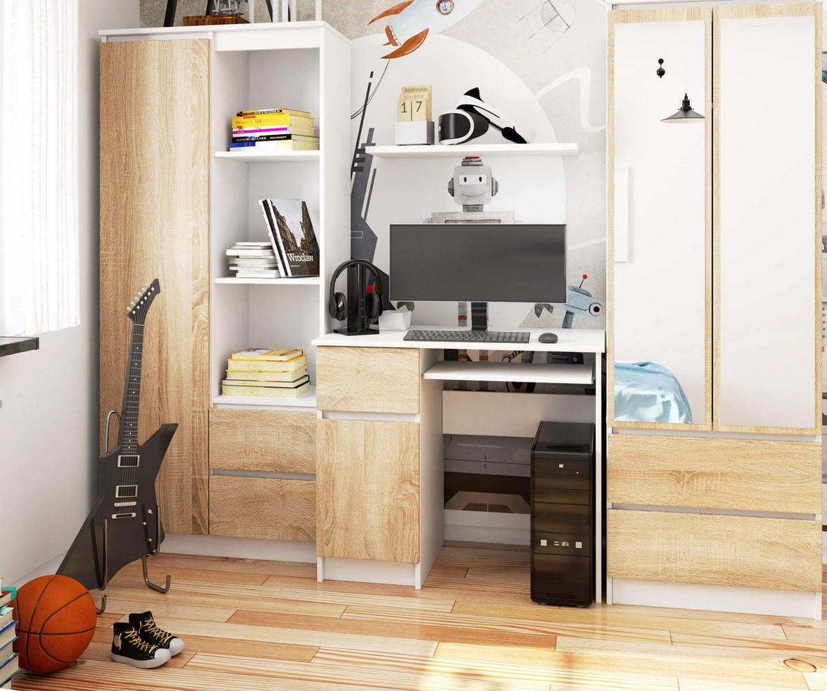 SCHREIBTISCH Links Piksel, Weiß-Sonoma, B90xH77xT50 cm - Weiß/Sonoma Eiche, Holz (50/90/77cm) - Milordbikes