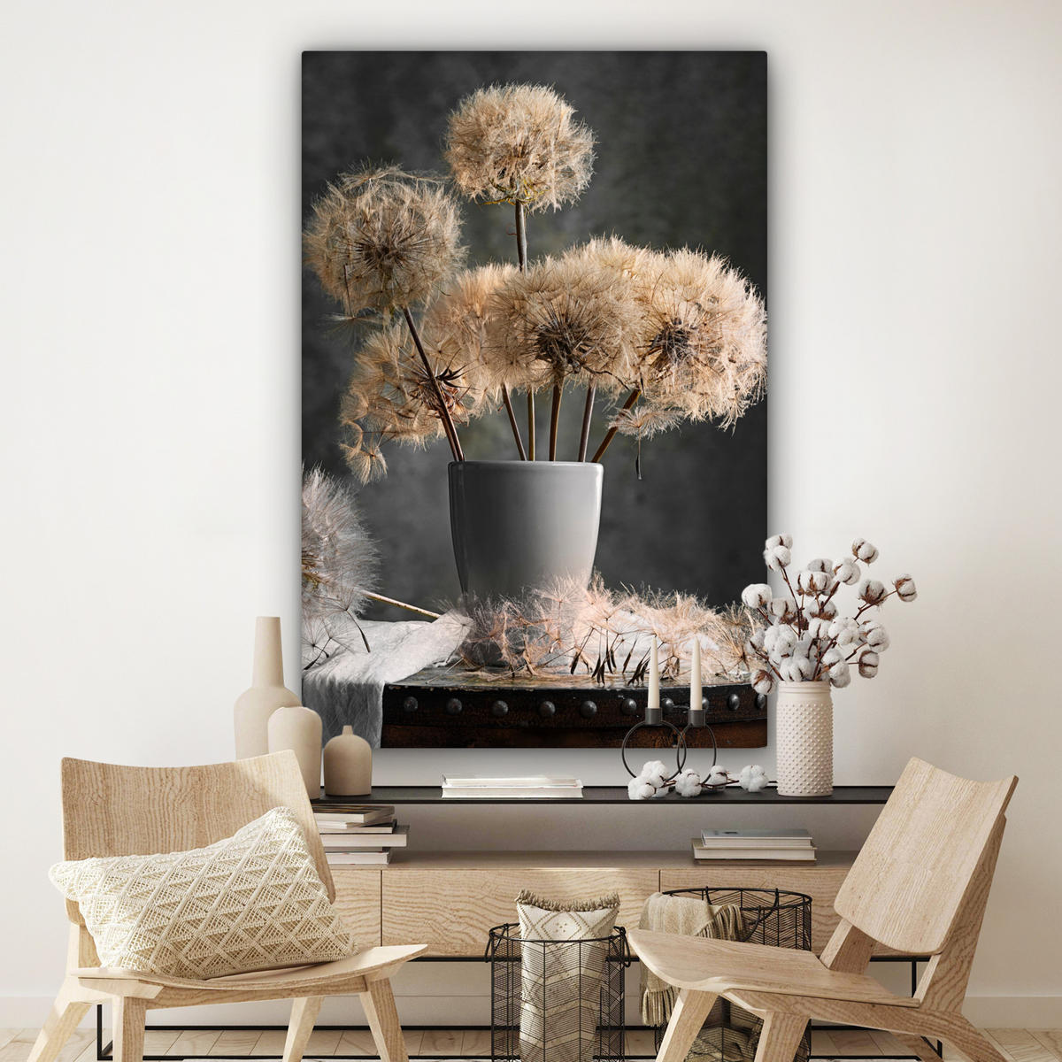 LEINWANDBILD Blumensamen - Löwenzahn - Vase - Stilleben - Blumenstrauß Deko Groß 90x140 cm - Dunkelgrau, Textil (90/140cm) - MuchoWow