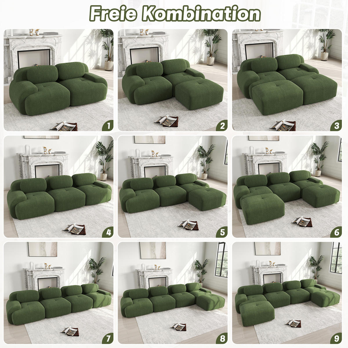 ECKSOFA modular rahmenlos mit 32D-Hochdichteschaum, rutschfester Unterseite und Cordbezug, Grün - Grün, Textil (388/178cm) - Redom