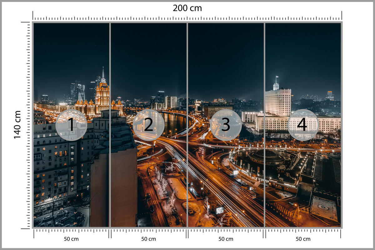 FOTOTAPETE für Wohnzimmer Moskau Nacht Panorama Metropole Straßen 200x140 - Beige/Schwarz, Papier (200/140cm) - Muralo