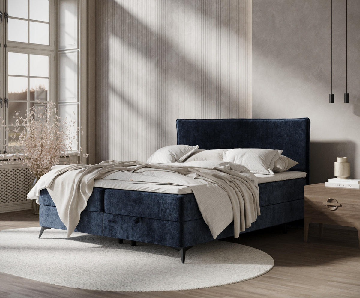 BOXBETT Peru Marineblau 140/200 cm im Chenille-Stoff - Schwarz/Dunkelblau, Holz/Holzwerkstoff (140/200cm) - Maison de Reve