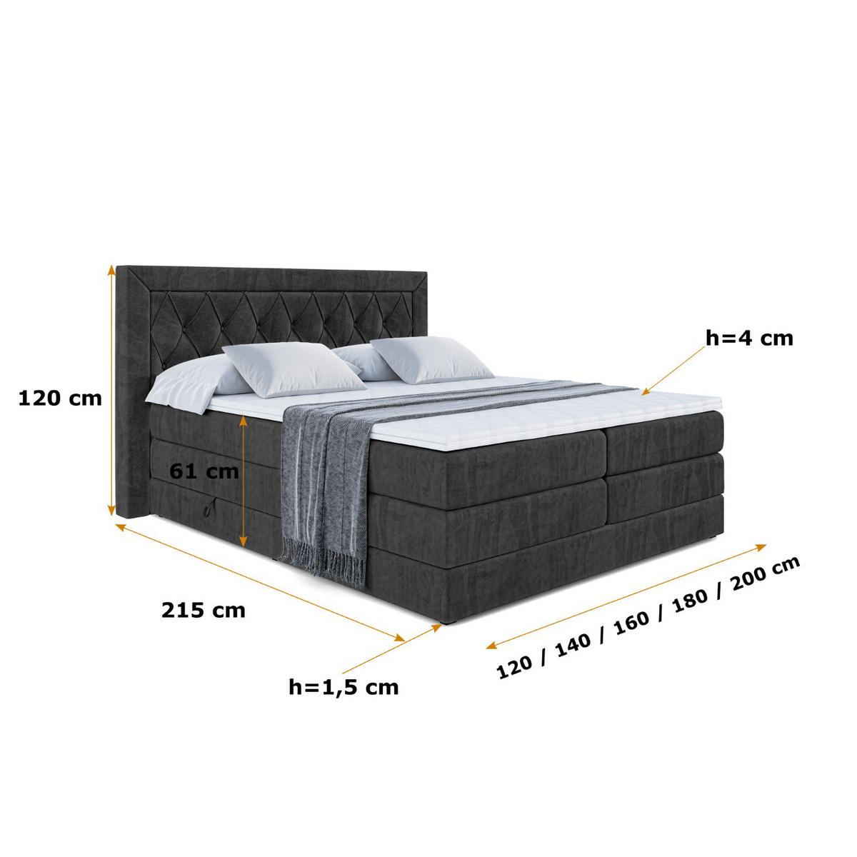 BOXSPRINGBETT NOEL KING - 200 x 200 - H3/H4 - Schwarz - Schwarz, Holzwerkstoff (200/200cm) - ALTDECOR