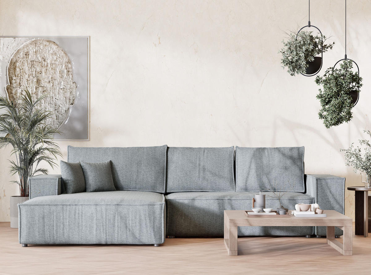 ECKSOFA Maze Blau grau Webstoff - Links Seite - Blaugrau/Schwarz, Holz/Holzwerkstoff (185/294cm) - Maison de Reve