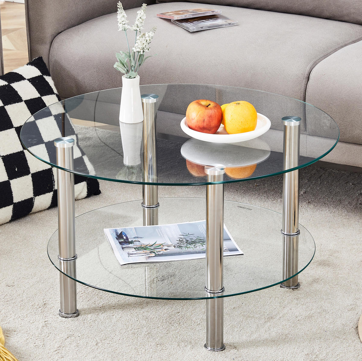 COUCHTISCH 70/60/42 cm Silber/Transparent aus Glas und Metall zweistufig - Silberfarben, Glas (70/70/42cm) - OKMYHOME