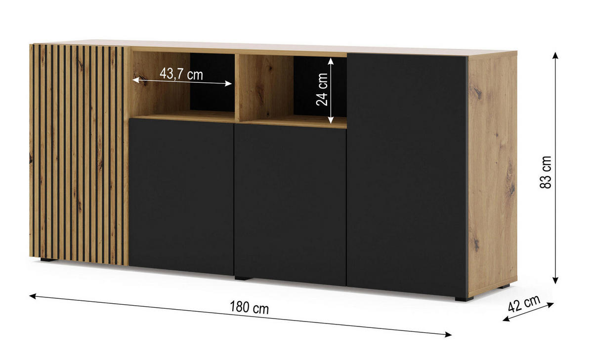 SIDEBOARD AURIS Beige, Schwarz 180x42x82 cm - Beige/Schwarz, Holzwerkstoff (180/82/42cm) - FURNLUX