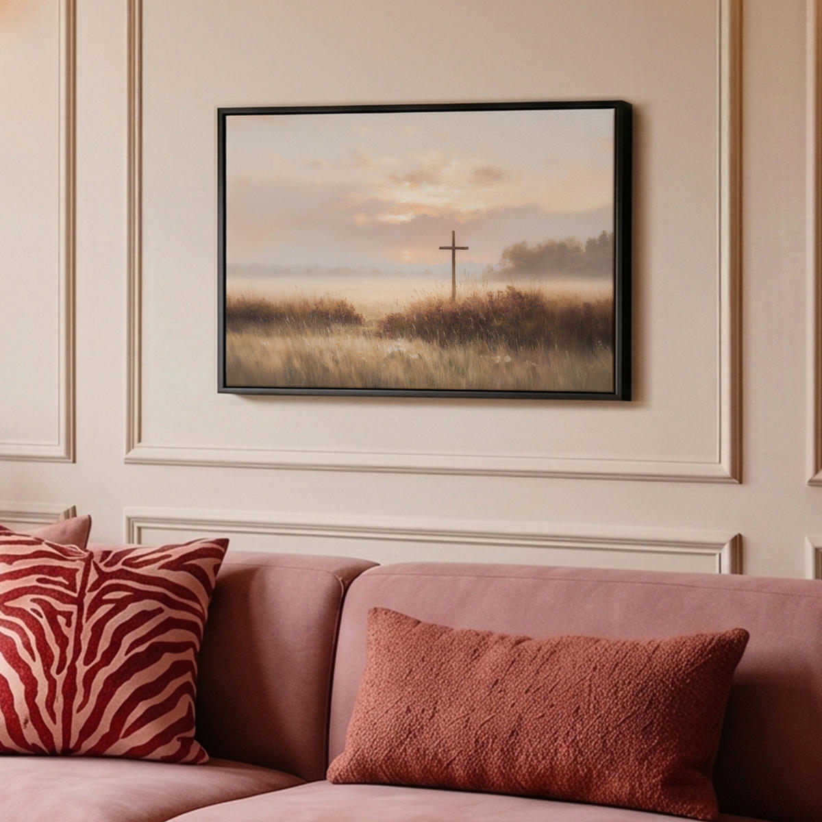 LEINWAND Bilder mit Rahmen - Gras - Morgennebel - Kreuz - Christentum - 60x40 - Beige, Textil (60/40cm) - MuchoWow