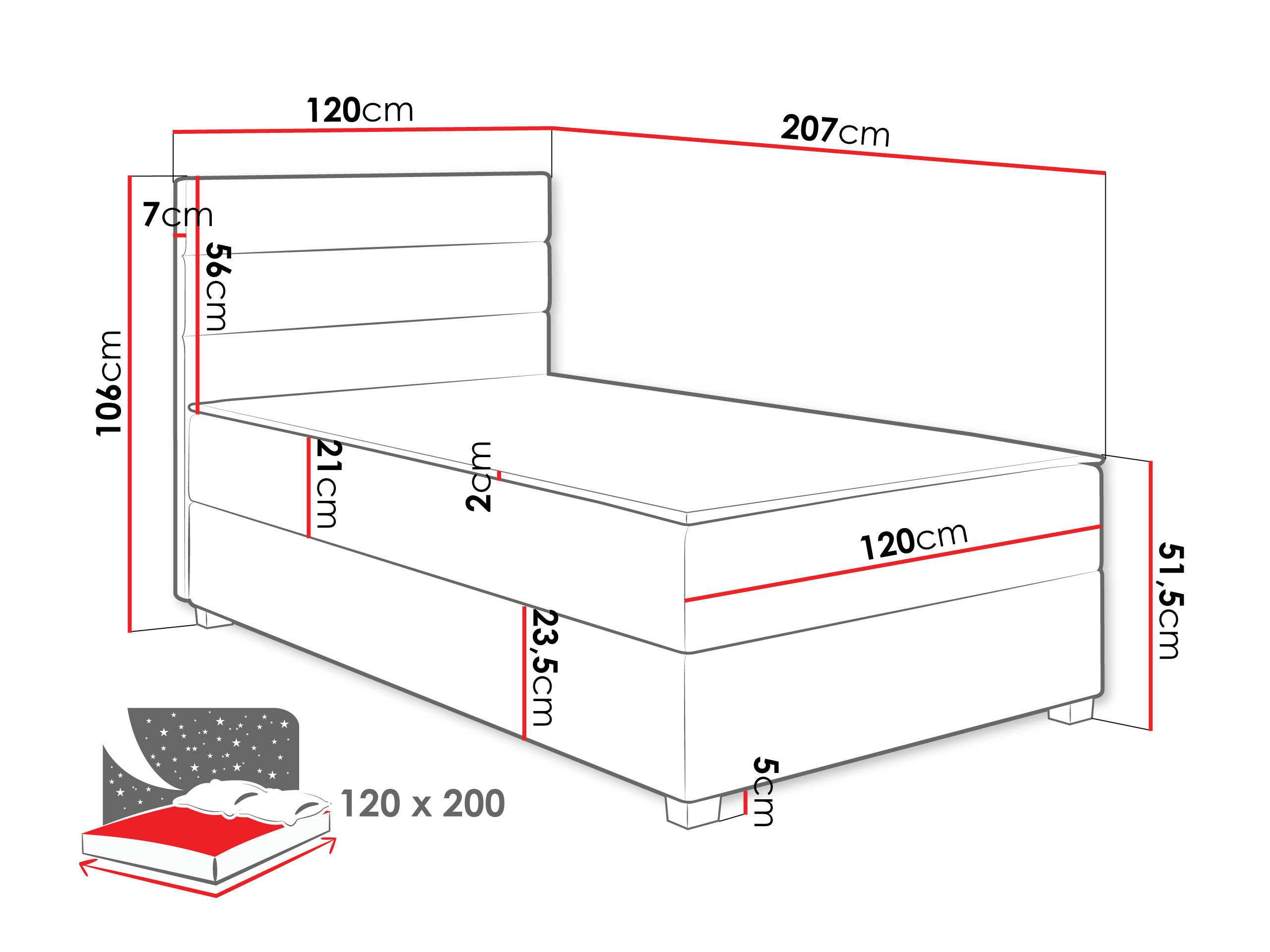 Thumbnail - Mirjan24 Boxbett, Blau, Textil, H3, Höhe ca. 21 cm, Rechteckig, 120x200 cm, Schlafzimmer, Betten, Boxspringbetten