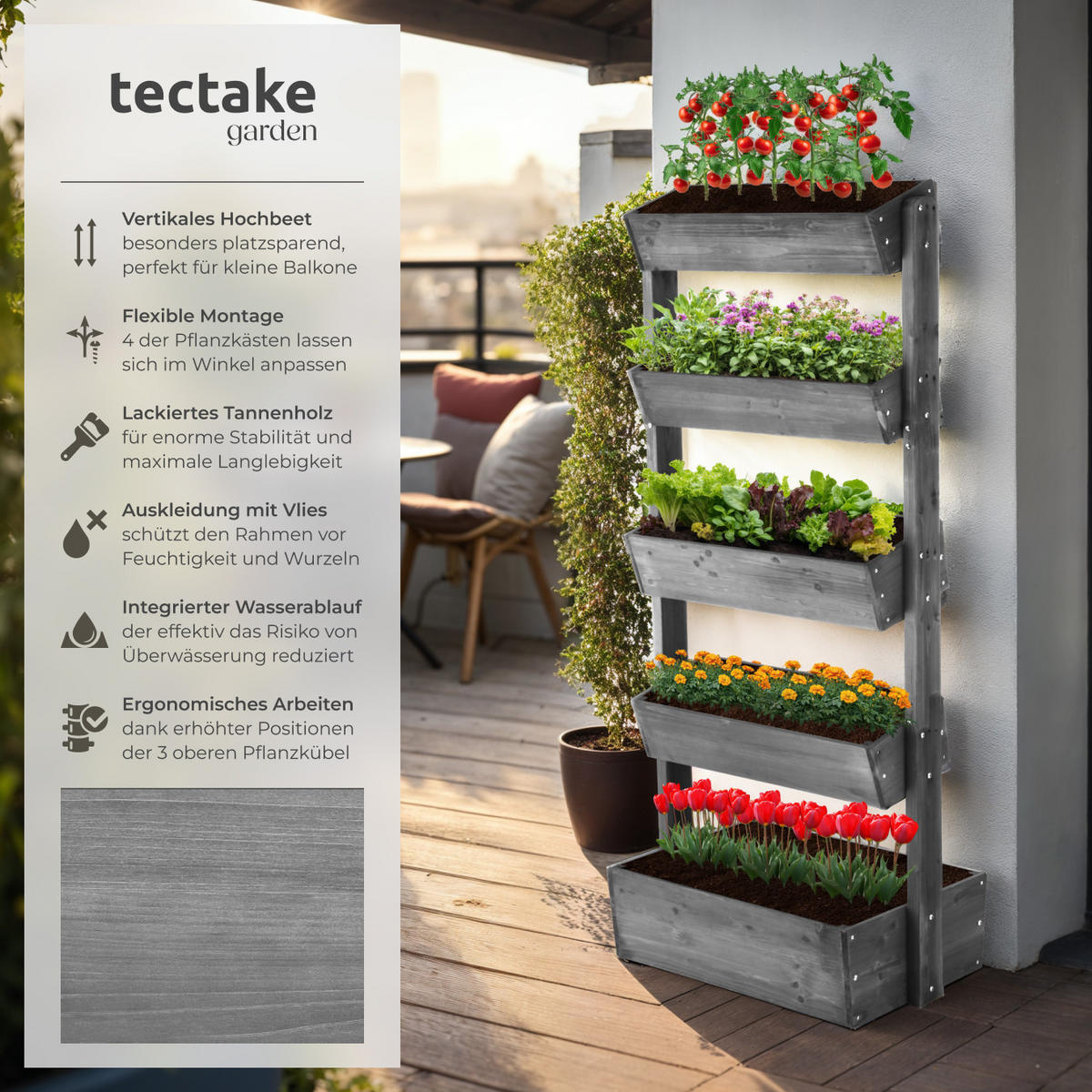 VERTIKALBEET Flora,inklusive Pflanzvlies, 81 x 52 x 180 cm,grau - Grau, Holz (81/180/52cm) - tectake