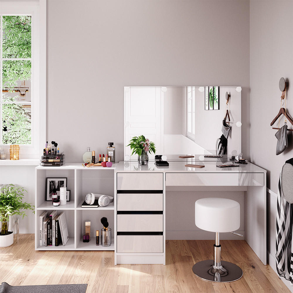SCHMINKTISCH Sherry Weiß 120 cm 4 Teile, mit Standregal, Spiegel, Hocker, LED - Weiß, Holzwerkstoff (120/75/55cm) - Vicco