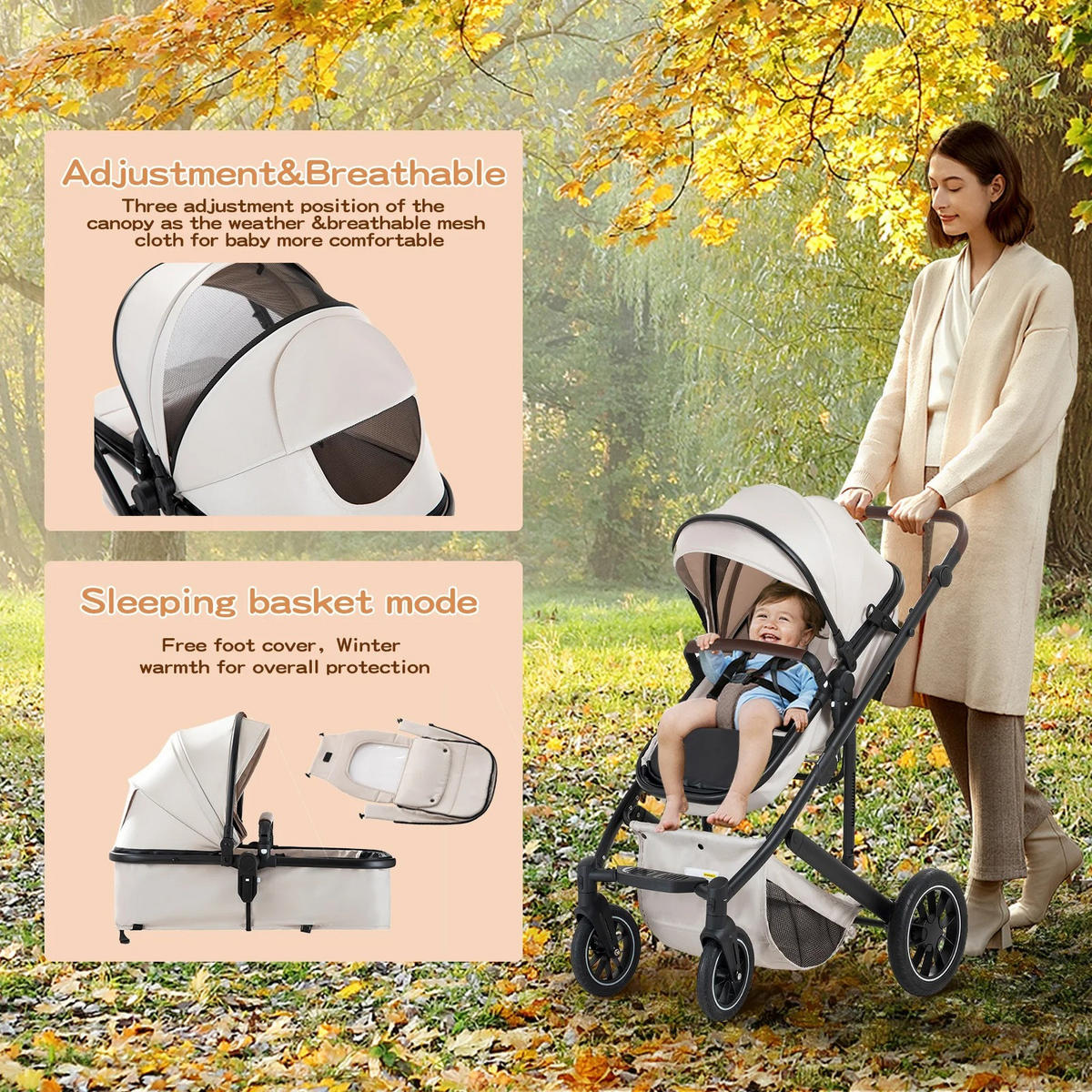 KINDERWAGENSET 3-in-1, tragbar, Aluminiumrahmen, 516-Beige - Beige, Metall (80/60cm) - Kaket