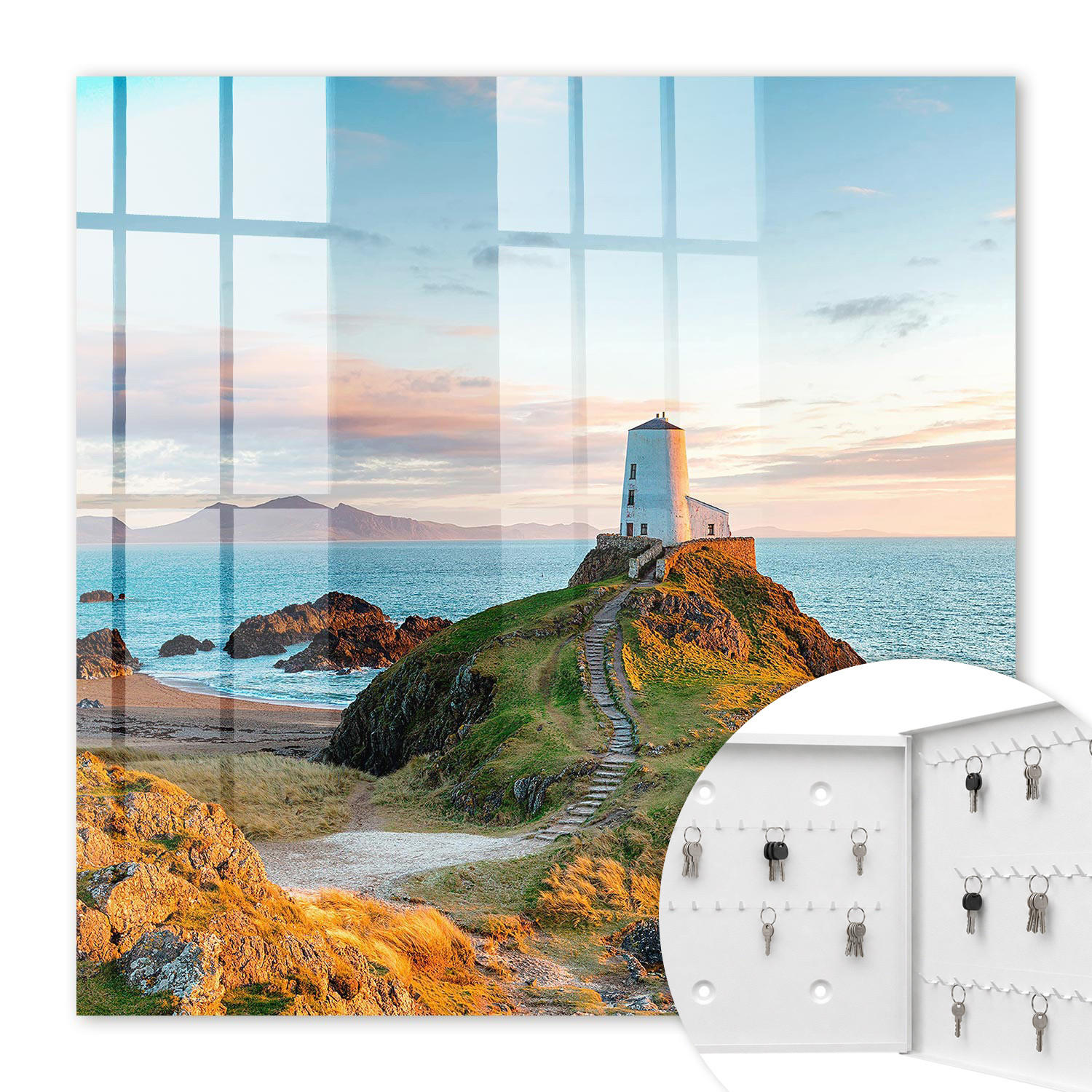 SCHLÜSSELBOX Weiß 30x30 cm – Türöffnung nach rechts - Leuchtturm - Blau, Metall (30/30/5cm) - TULUP