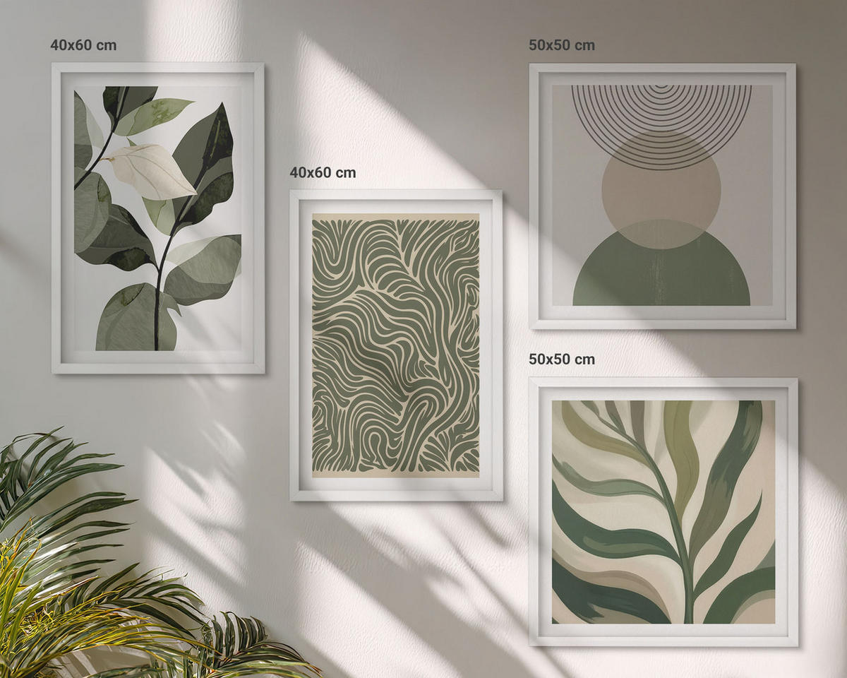 BILDER SET 4er Set - 50x50 cm & 40x60 cm Weißer Rahmen - Blätter geometrische Formen abstrakt - Weiß, Kunststoff (50/50cm) - TULUP