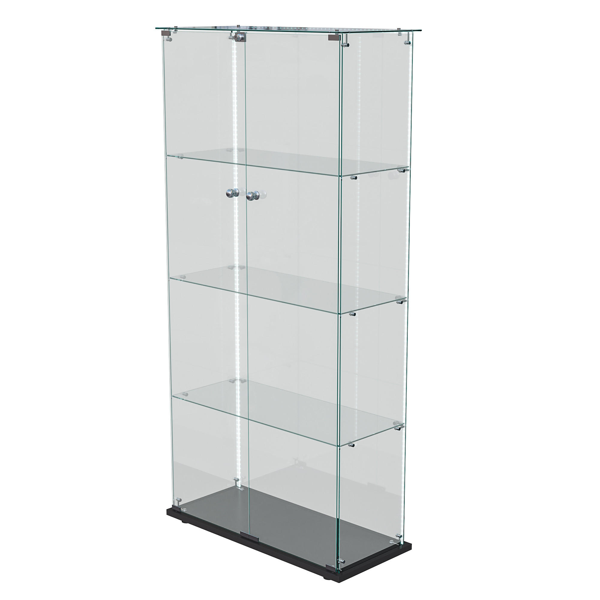 GLASVITRINE, Doppeltüren mit Schloss, 4 Einlegeböden, LED-Lichtleiste, Schwarz - Schwarz, Glas (78.5/163/35cm) - BRILVERDE