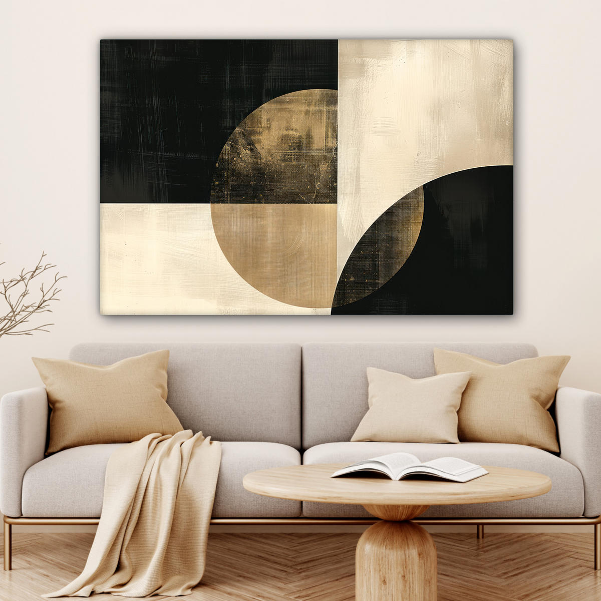 LEINWANDBILD Abstrakt - Geometrische Formen - Schwarz - Gold Wohnzimmer Groß 120x80 cm - Ecru, Textil (120/80cm) - MuchoWow
