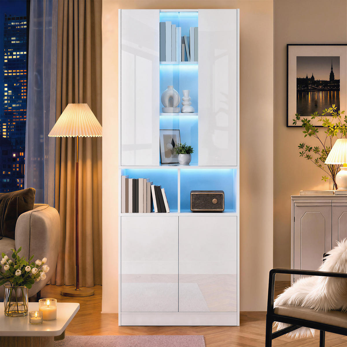 HOCHSCHRANK mit Acrylglas, LED und 2 Türen - Weiß, Holzwerkstoff (70/180/35cm) - FLIEKS