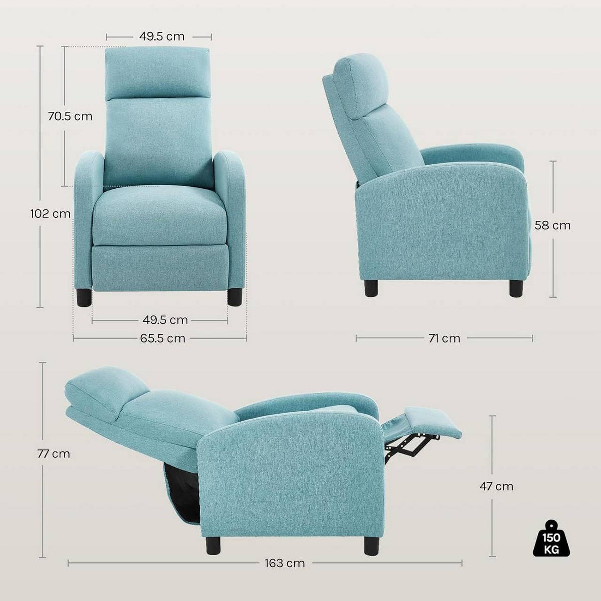 RELAXSESSEL mit Liegefunktion, Leinen , Blau - Blau/Schwarz, Textil/Metall (65.5/102/89cm) - Woltu