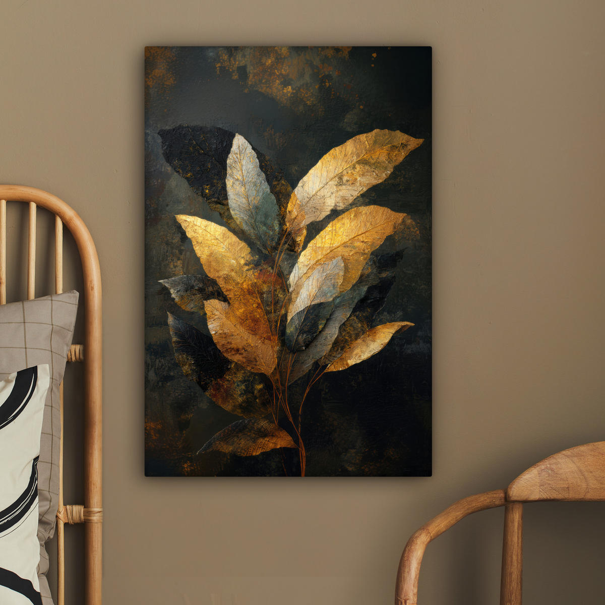 LEINWANDBILD Golden Leaf Komposition - Botanical Luxury Wanddeko Schlafzimmer 60x90 cm - Goldfarben/Schwarz, Textil (60/90cm) - MuchoWow