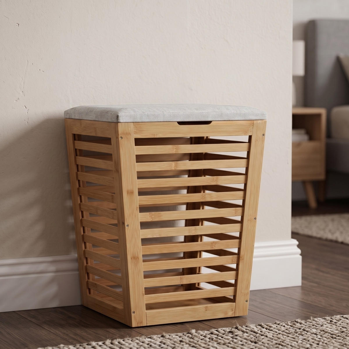 WÄSCHEKORB aus Bambus mit Sitzfläche 40/40/56 cm - Weiß, Naturmaterialien (40/56/40cm) - NUXIO