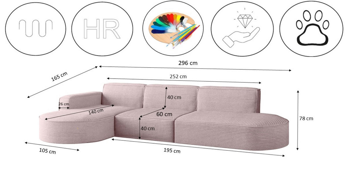 ECKSOFA Designer, Sofa L form MODENA 302 cm stoff Poso Rosa Links - Rosa, Holz (302/296cm) - Kaiser Möbel
