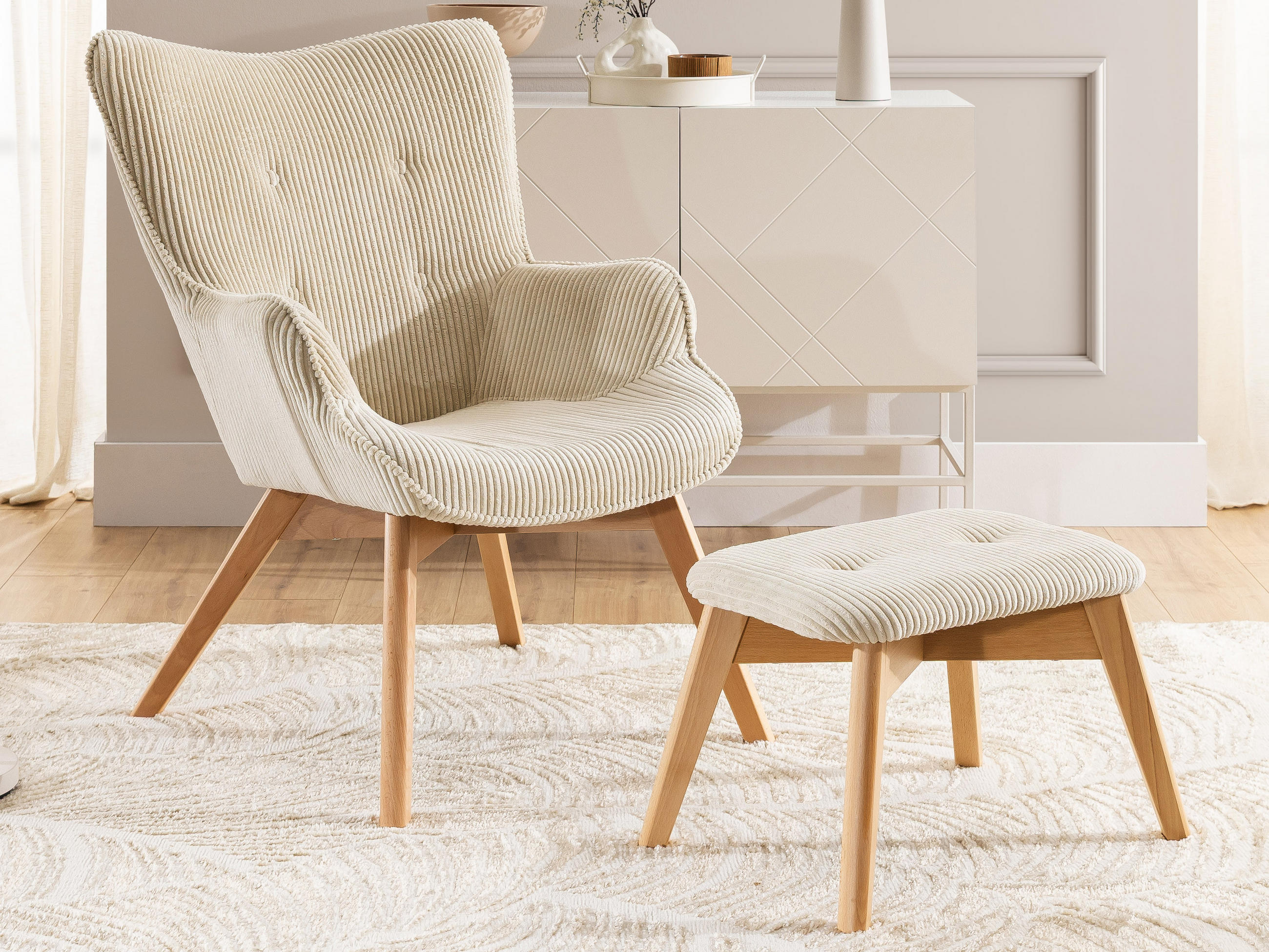 LOUNGESESSEL mit Fußhocker Lenari Beige Cordstoff mit Füßen in Natur - Beige/Naturfarben, Holz/Textil (71/96/86cm) - S-Style Möbel