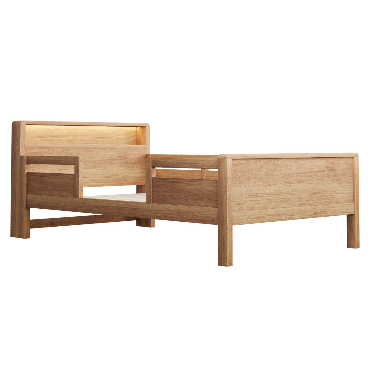 KINDERBETT 90/200 cm mit LED-Leuchte, USB- und Type-C-Anschluss, Kopfteil mit Ablage und Seitengittern, farbe - Naturfarben, Holzwerkstoff (90/200cm) - Redom