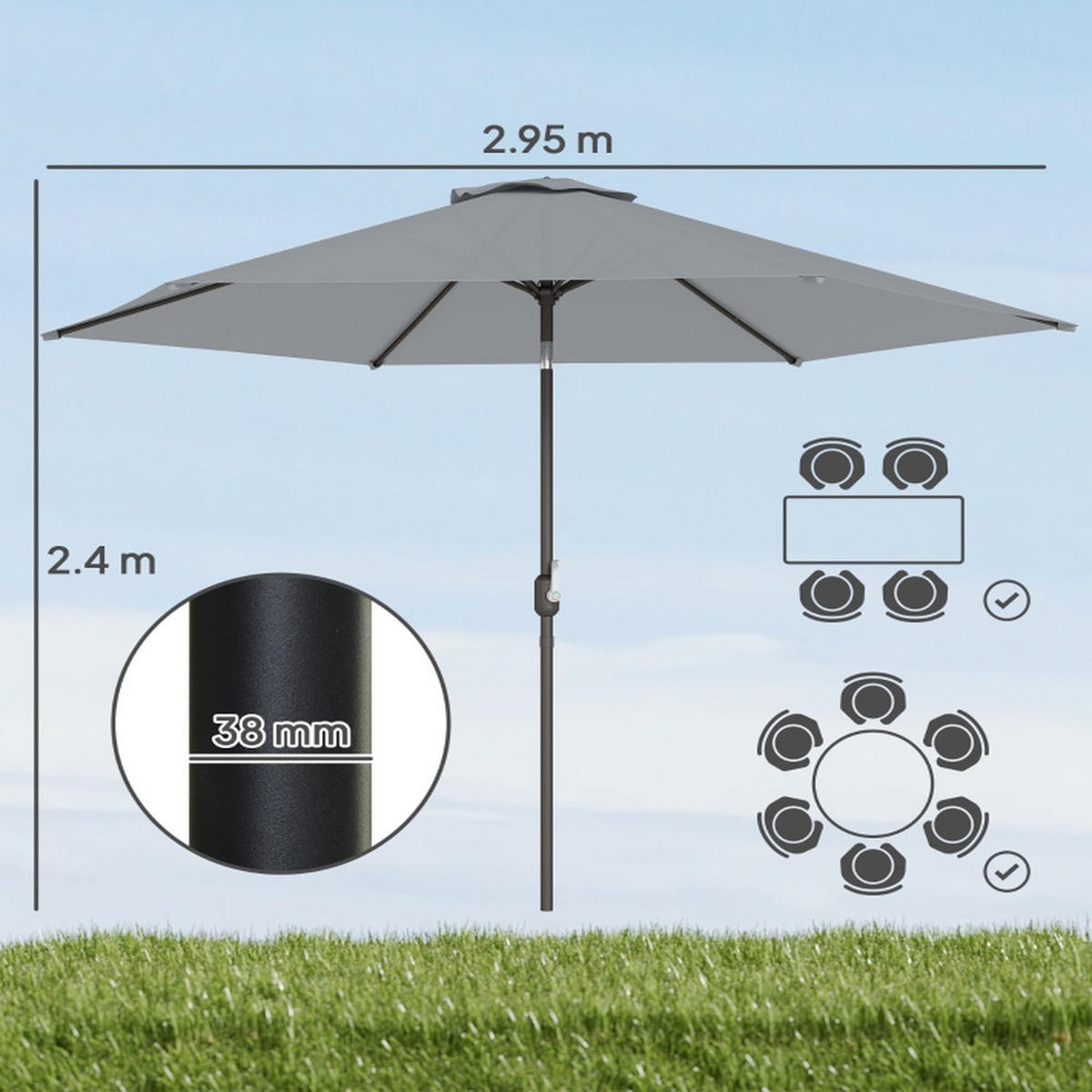 SONNENSCHIRM 3m Mit Kurbel und Neigefunktion - Grau, Textil (295/295cm) - Raelunyi