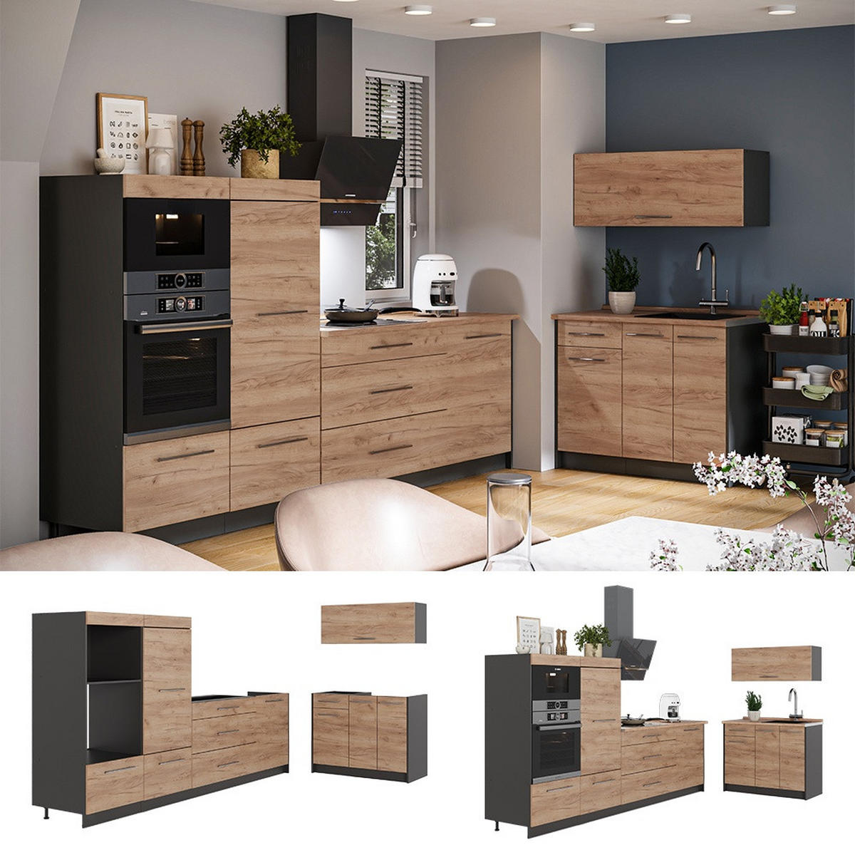 BUCĂTĂRIE Fame-Line, Stejar auriu/antracit, 380 cm, AP Antracit - culoare lemn stejar/antracit, compozit lemnos (380/153.6/60cm) - Vicco