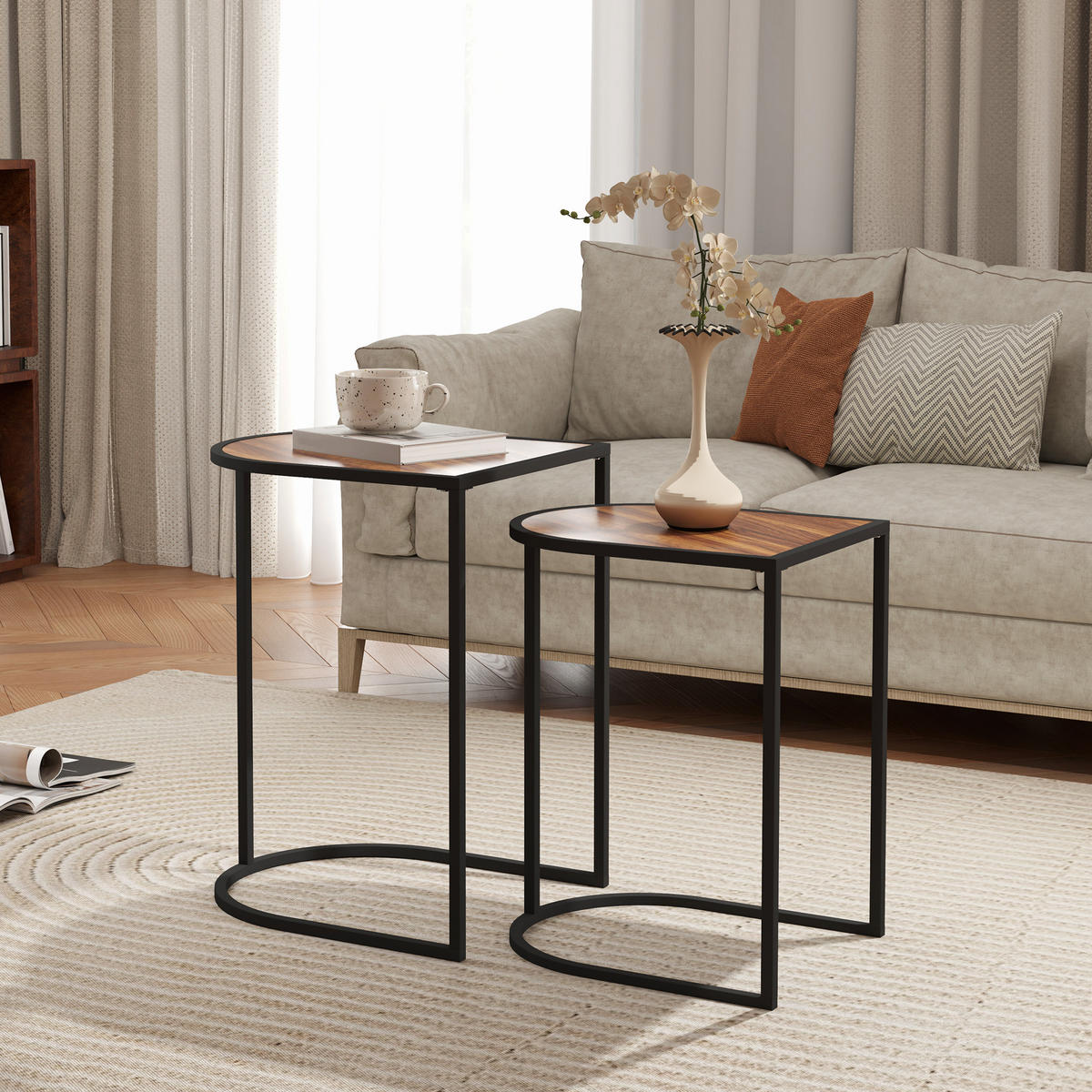 2ER-SET Couchtisch, Eckiger Beistelltisch, Kaffeetisch mit Stahlgestell, Braun - Braun, Holzwerkstoff (45/38/58cm) - HOMCOM