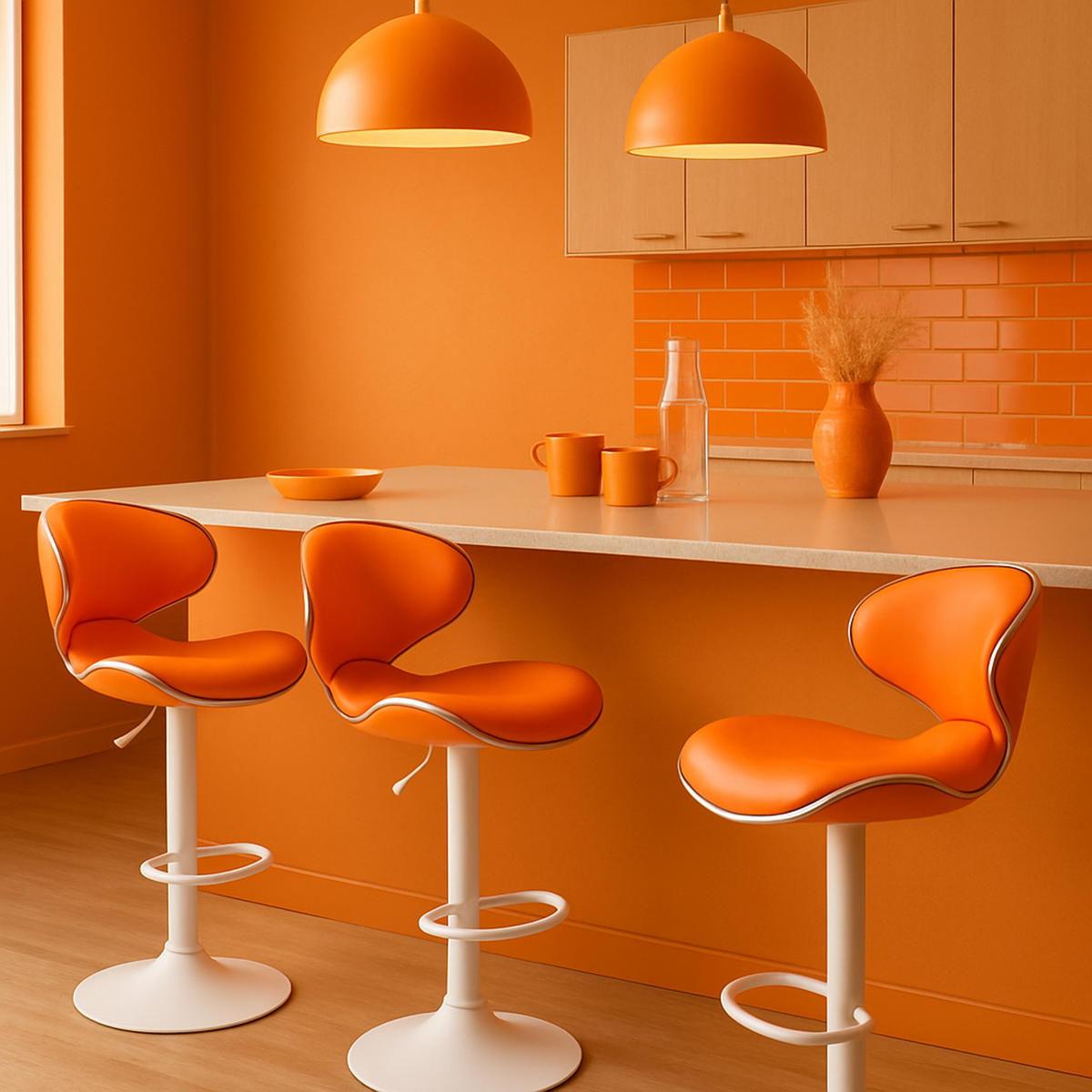 BARHOCKER 2er Set Las-Mallorcas Kunstleder weiß orange - Orange/Weiß, Kunststoff/Metall (46/108/49cm) - TPFLiving