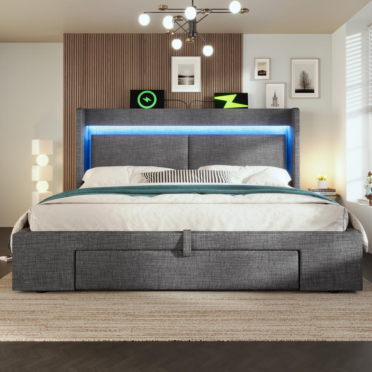 POLSTERBETT 160/200 cm mit LED, USB- und USB-C-Anschluss, hydraulischem Stauraum und Schublade, Leinen, Grau - Grau, Textil (160/200cm) - Redom